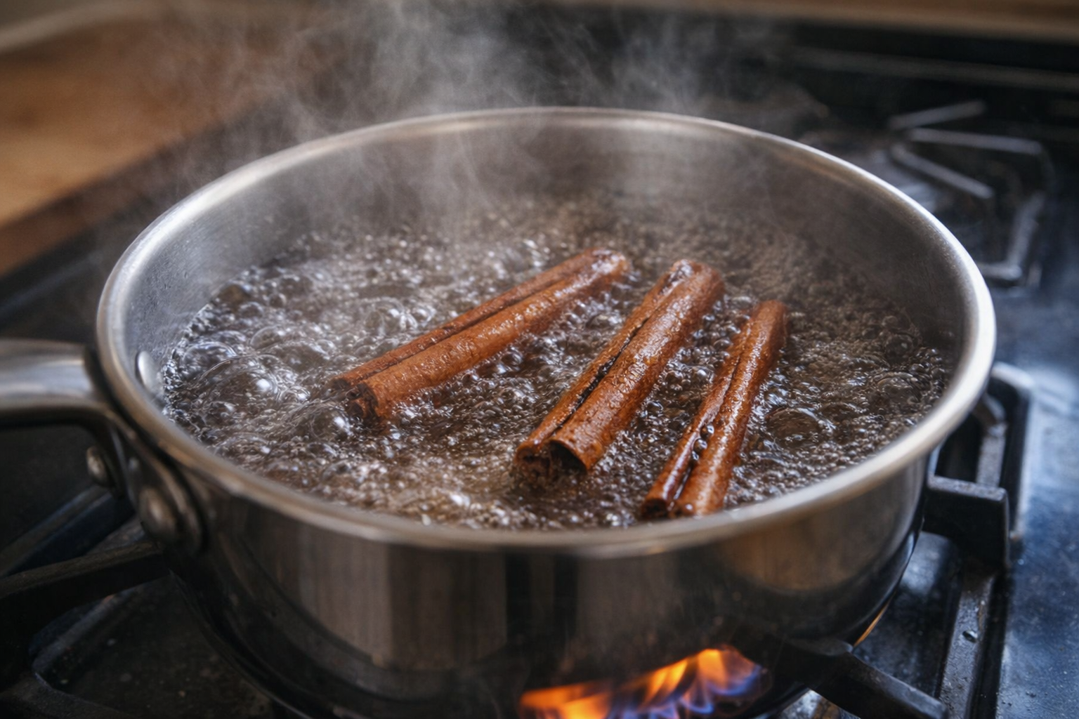 Close-up of simmering water with cinnamon sticks in a stainless steel pot on a gas stovetop, visible flames, steam rising